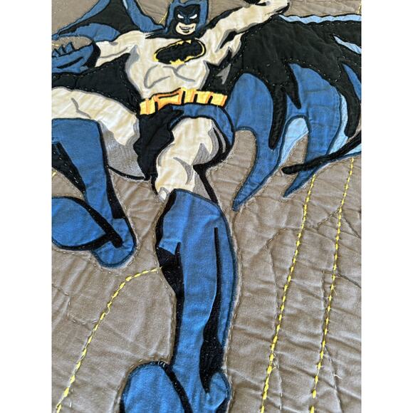 Pottery, barn, kids twin , hand, stitched, cotton, Batman, quilt, gray blue - Picture 2 of 3